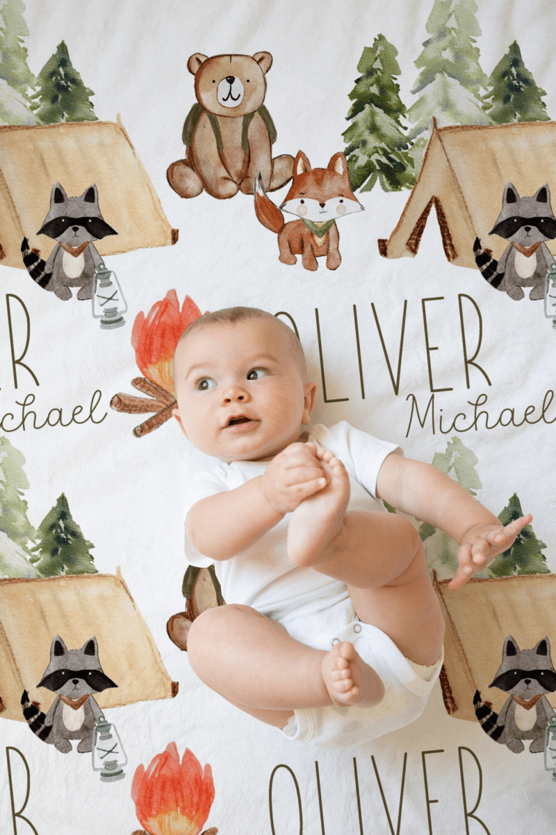 Personalized Baby Blanket, Woodland Baby Boy Gift, Camping Nursery Decor, Baby Shower Gift, Kid Blanket, Bear, Fox, Minky, Fleece, Sherpa - 2034, baby blanket, baby boy gift