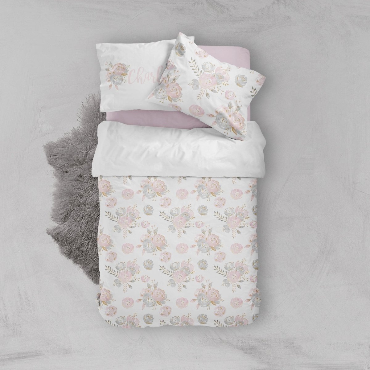 Blush Gold Floral Kids Bedding Set (Comforter or Duvet Cover) - Blush Gold Floral, gender_girl, text