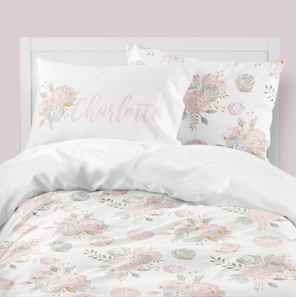 Blush Gold Floral Kids Bedding Set (Comforter or Duvet Cover)