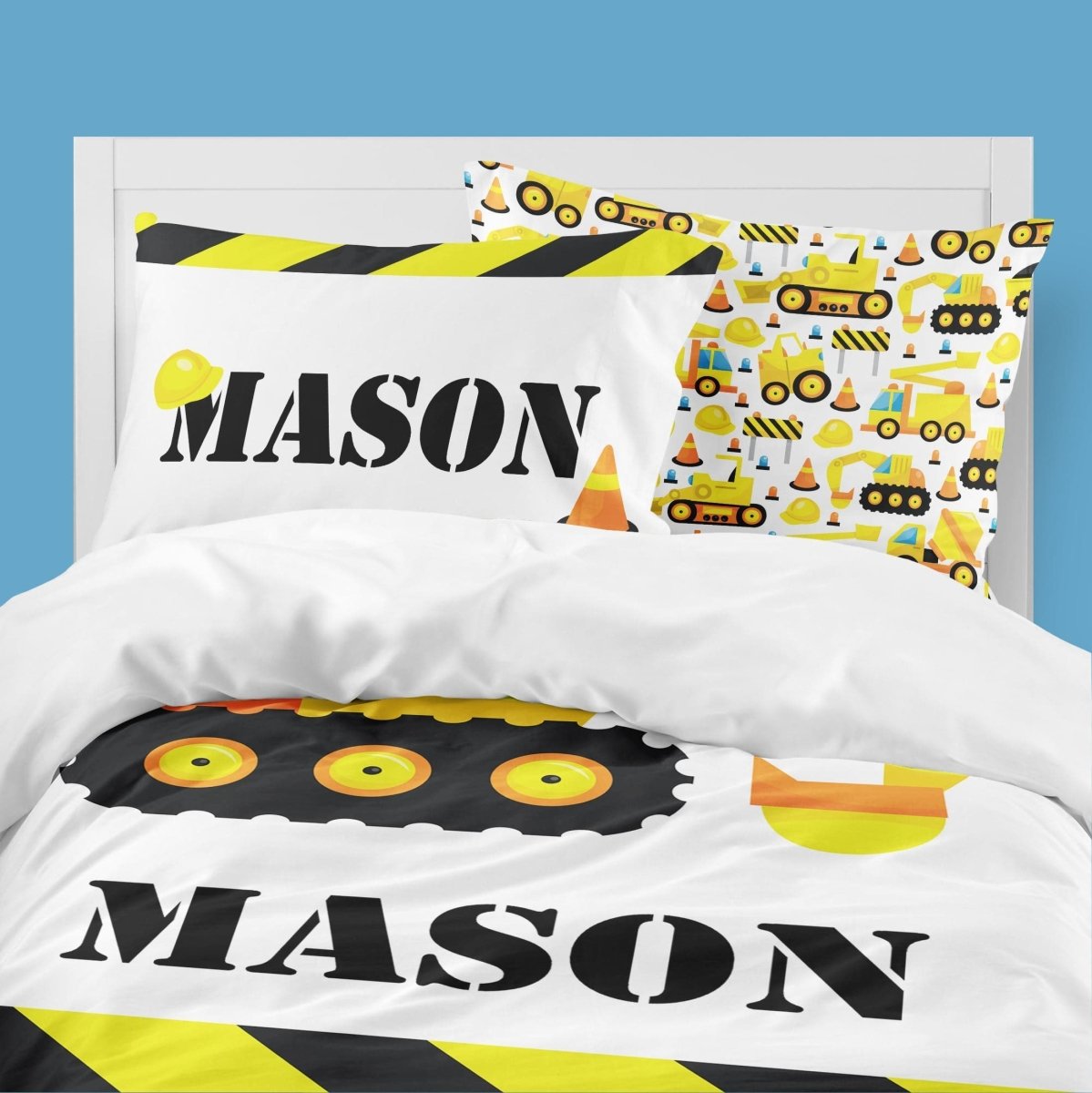 Personalized Construction Kids Bedding Set (Comforter or Duvet Cover) - text, ,