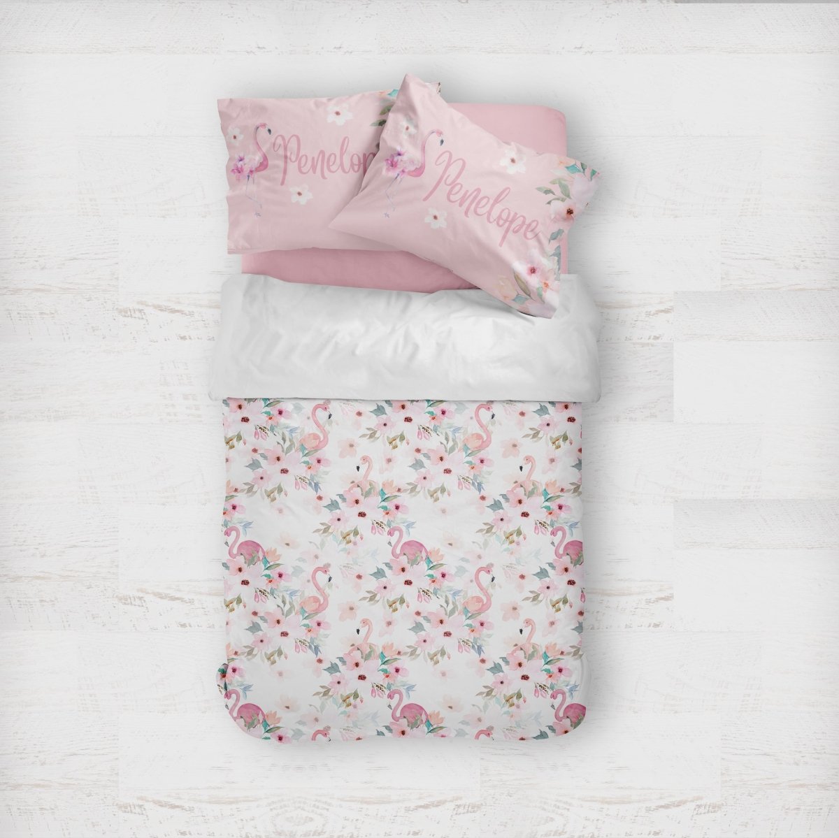 Personalized Flamingo Floral Kids Bedding Set (Comforter or Duvet Cover) - Flamingo Floral, gender_girl, text