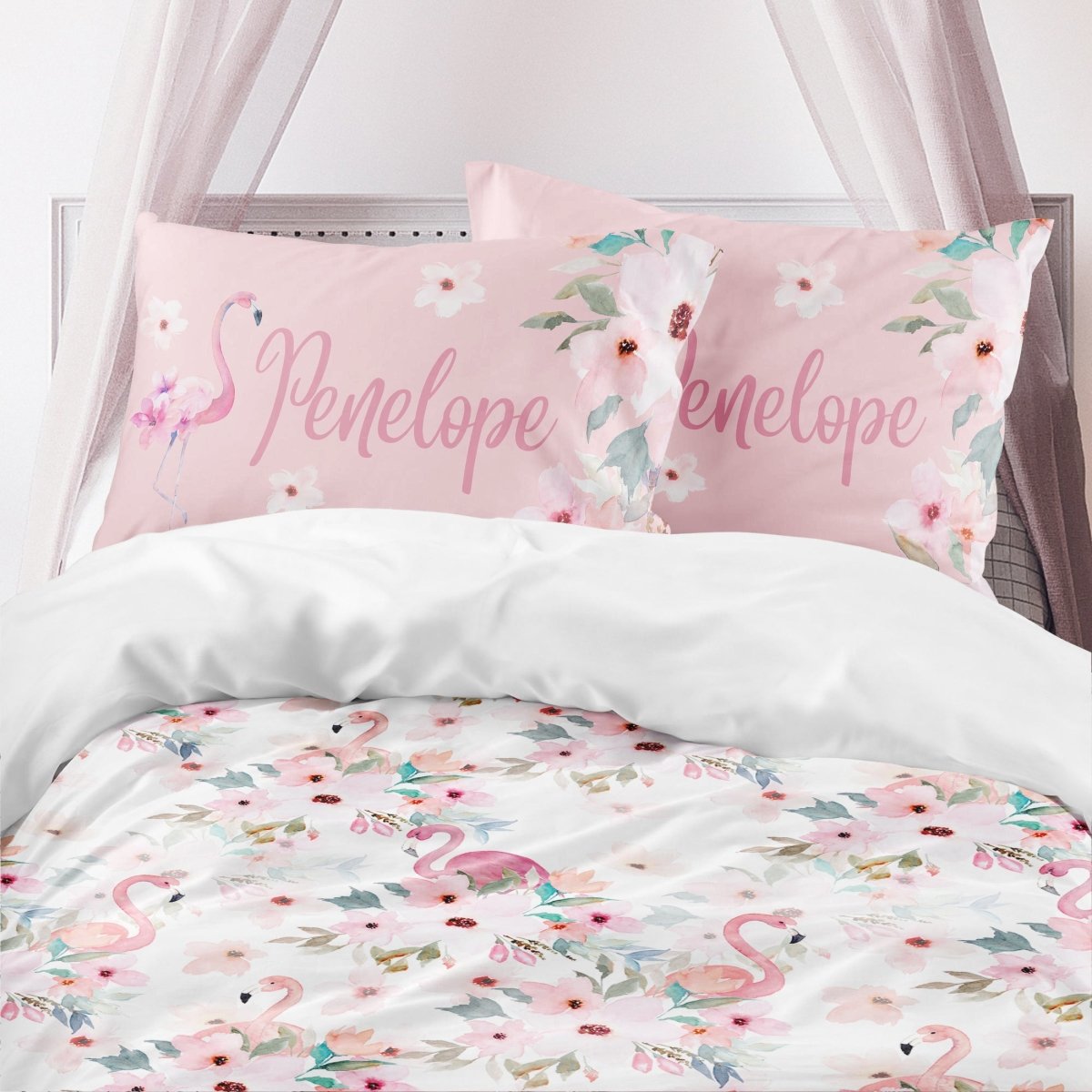 Personalized Flamingo Floral Kids Bedding Set (Comforter or Duvet Cover) - Flamingo Floral, gender_girl, text