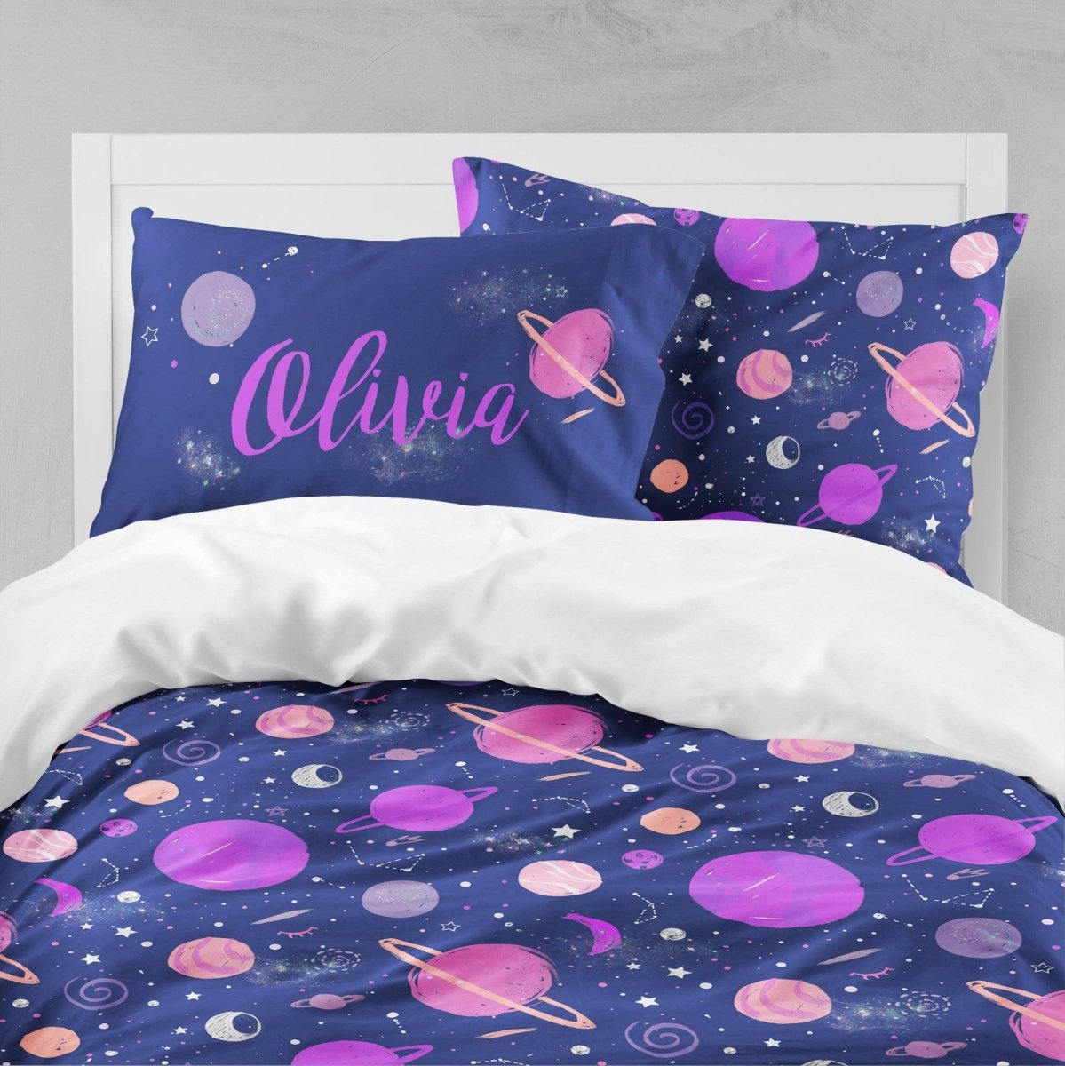 Personalized Girl Outer Space Kids Bedding Set (Comforter or Duvet Cover) - text, ,