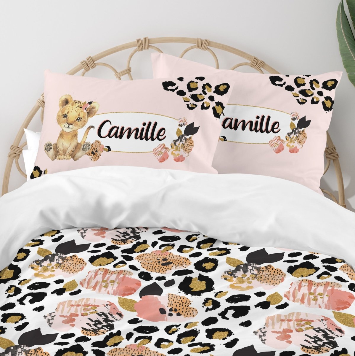 Leopard Love Personalized Floral Kids Bedding Set (Comforter or Duvet Cover) - gender_girl, Leopard Love, text
