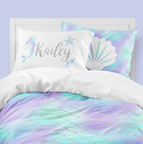 Personalized Mermaid Scale Kids Bedding Set (Comforter or Duvet Cover) - gender_girl, Mermaid Love, text