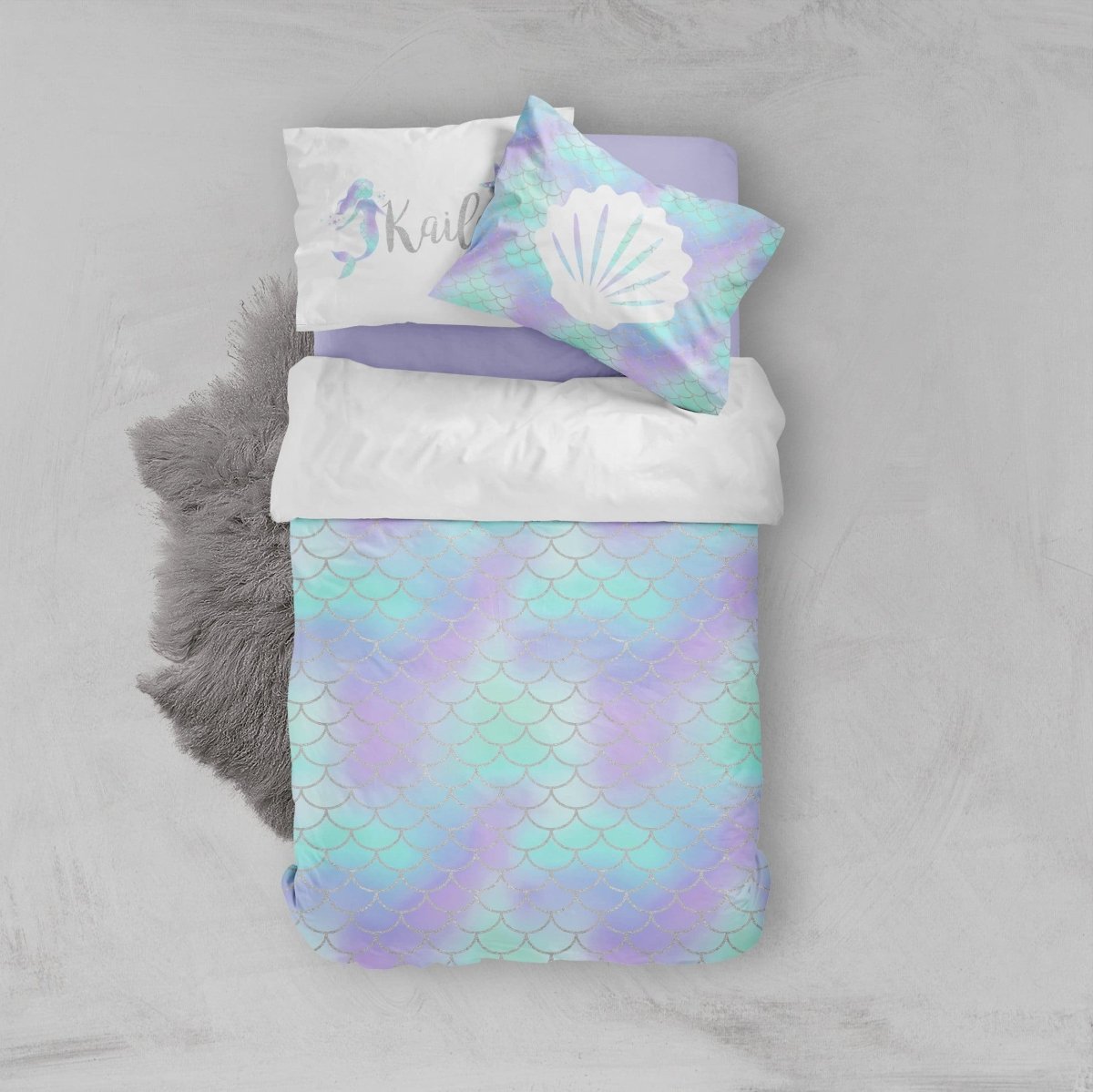 Personalized Mermaid Scale Kids Bedding Set (Comforter or Duvet Cover) - gender_girl, Mermaid Love, text