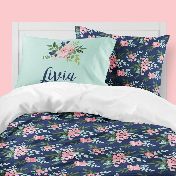 Personalized Pink and Navy Petals Kids Bedding Set (Comforter or Duvet Cover) - Pink and Navy Petals, text,