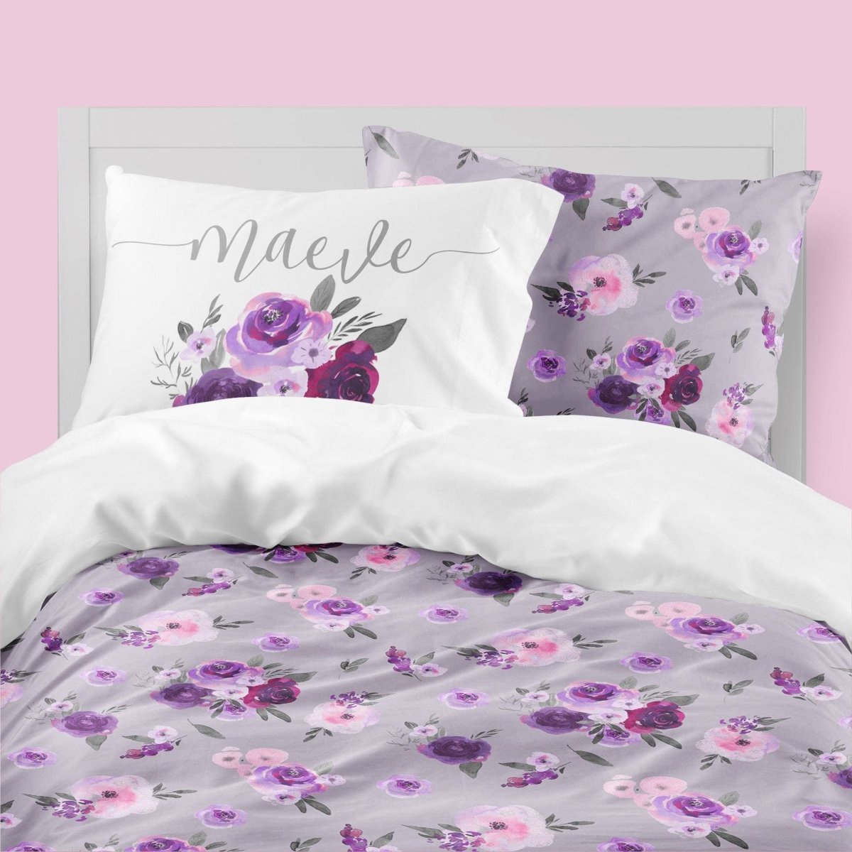 Personalized Purple Floral Kids Bedding Set (Comforter or Duvet Cover) - gender_girl, Purple Floral, text