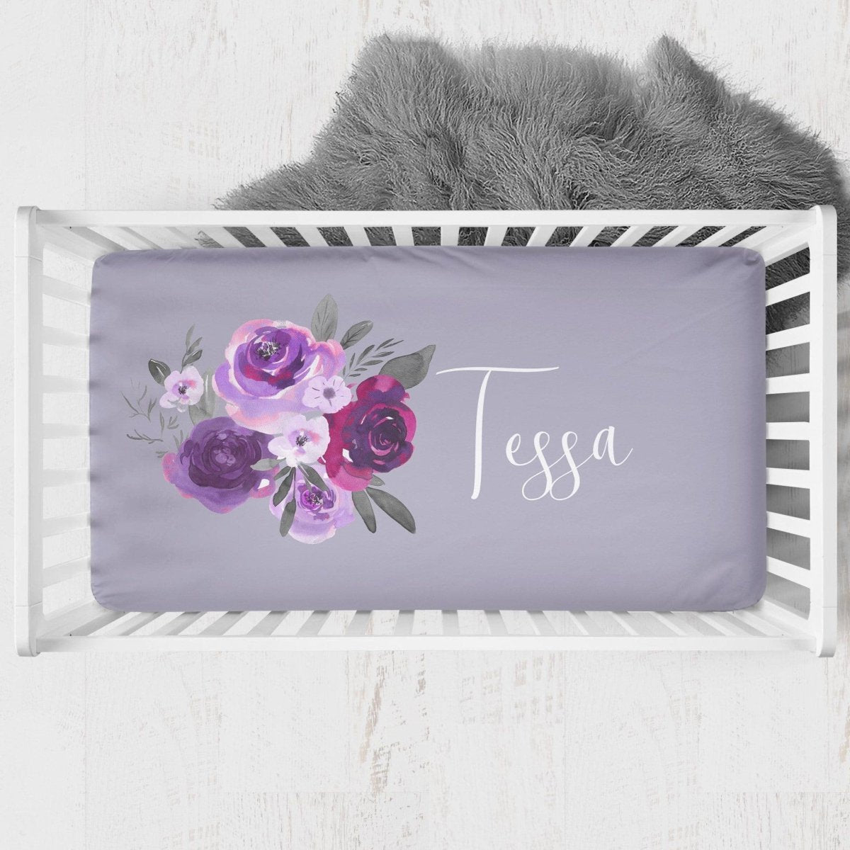 Personalized Purple Floral Crib Sheet - gender_girl, Personalized_Yes, text