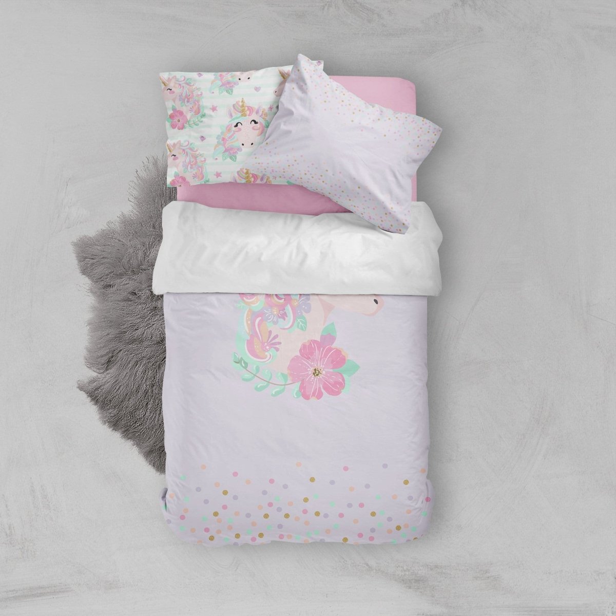 Personalized Purple Unicorn Kids Bedding Set (Comforter or Duvet Cover) - text, Unicorn Dreams,