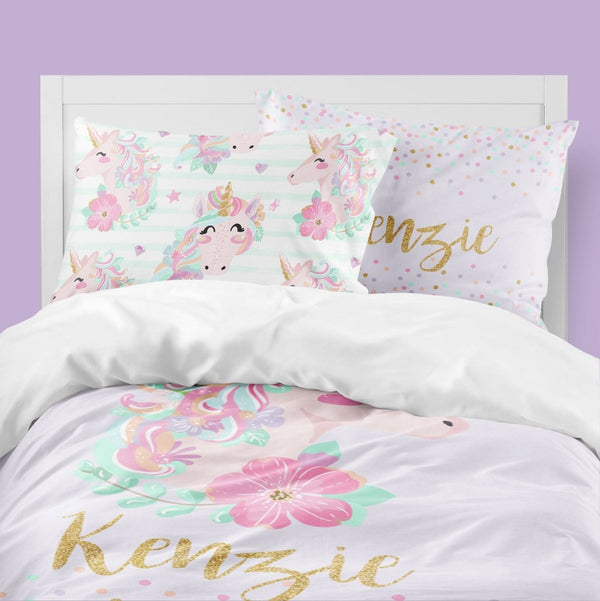 Personalized Purple Unicorn Kids Bedding Set (Comforter or Duvet Cover) - text, Unicorn Dreams,