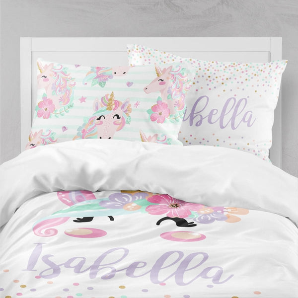 Personalized Unicorn Kids Bedding Set (Comforter or Duvet Cover) - text, Unicorn Dreams,