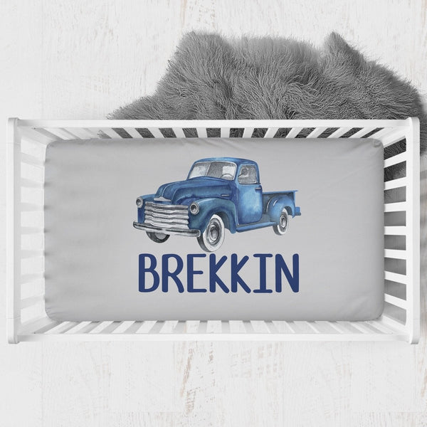 Personalized Vintage Truck Crib Sheet - gender_boy, Personalized_Yes, text