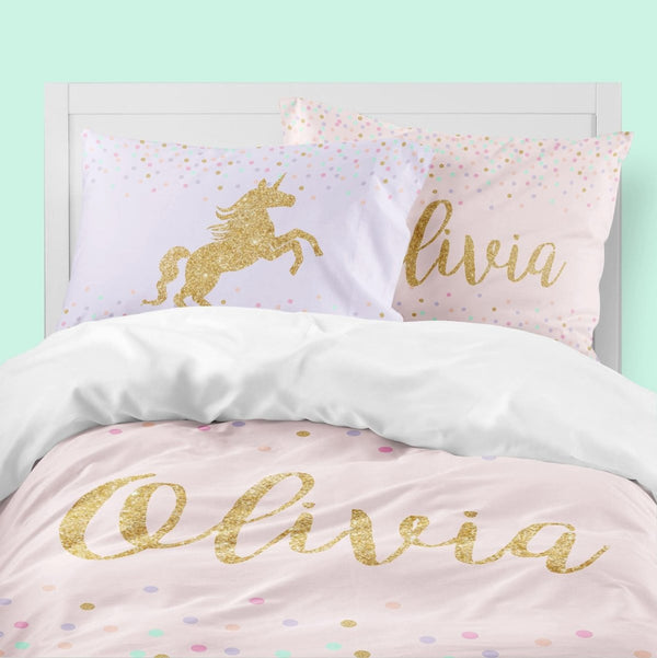 Pink Confetti Kids Bedding Set (Comforter or Duvet Cover) - text, Unicorn Dreams,