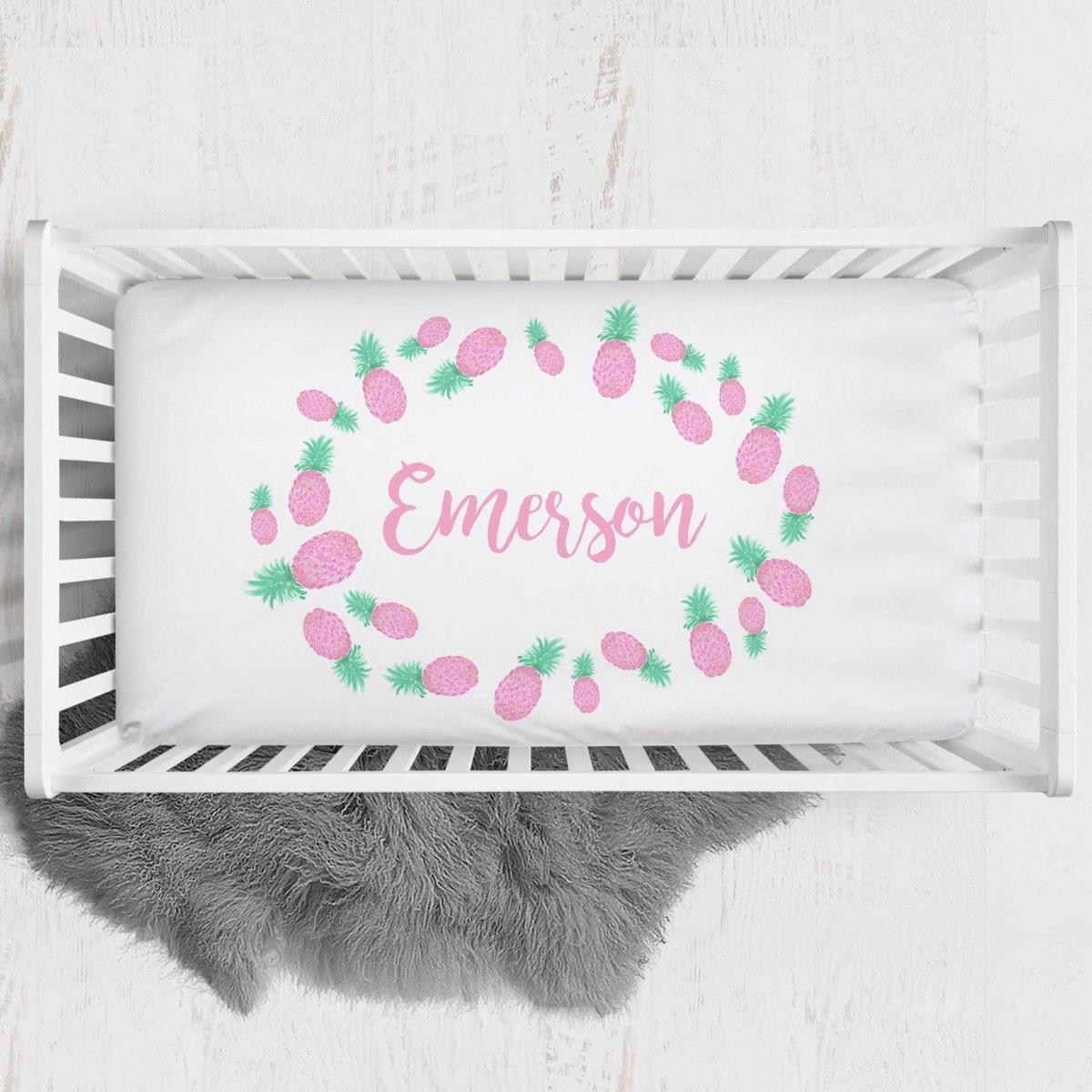 Pink Pineapple Personalized Crib Sheet - gender_girl, Personalized_Yes, text