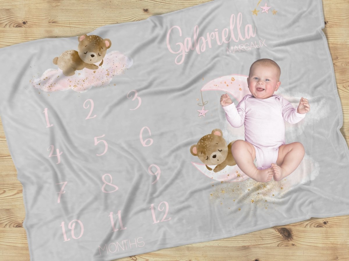 Pink Teddy Bear Milestone Minky Blanket - gender_girl, Pink Teddy Bear, text