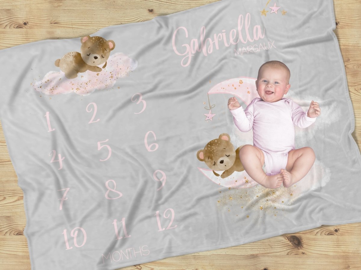 Personalized Blanket Baby Bear Milestone Blanket Pink Teddy Bear