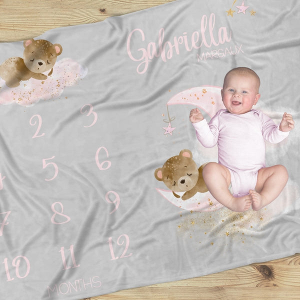 Pink Teddy Bear Milestone Minky Blanket - gender_girl, Pink Teddy Bear, text