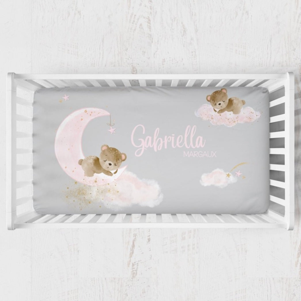 Pink Teddy Bear Personalized Crib Sheet - gender_girl, Personalized_Yes, text