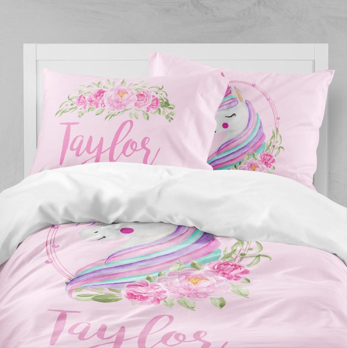 Pink Unicorn Floral Kids Bedding Set (Comforter or Duvet Cover) - text, ,