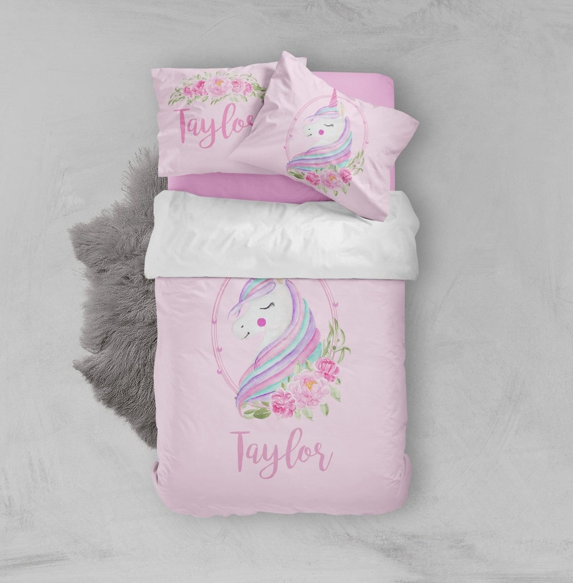 Pink Unicorn Floral Kids Bedding Set (Comforter or Duvet Cover) - text, ,