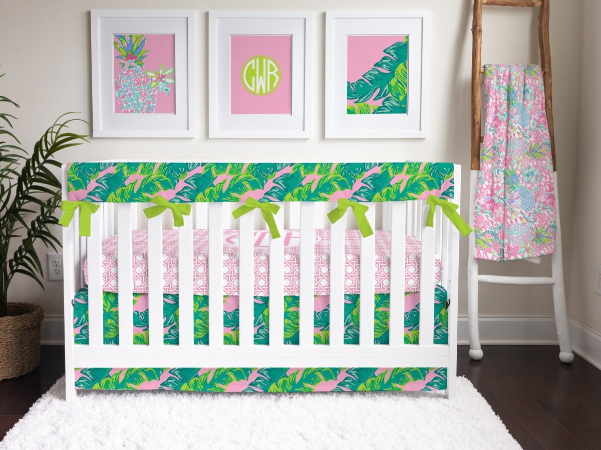 Preppy Summer Palm Crib Rail Guards - gender_girl, Preppy Summer, Theme_Tropical