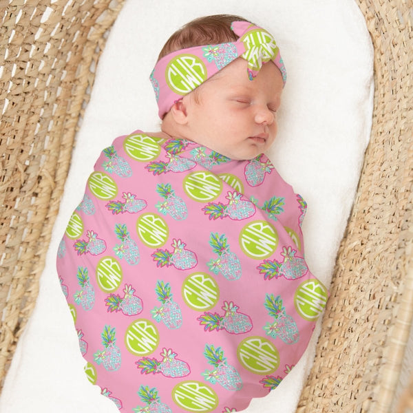 Preppy Summer Personalized Swaddle Blanket Set - gender_girl, Preppy Summer, text