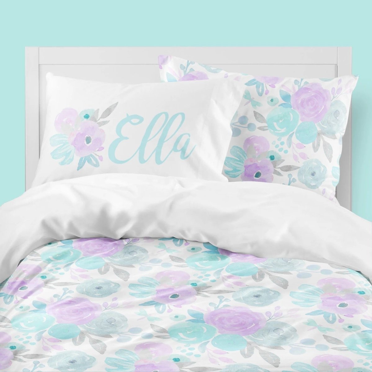 Purple & Aqua Floral Kids Bedding Set (Comforter or Duvet Cover)