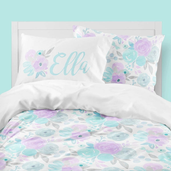 Purple & Aqua Floral Kids Bedding Set (Comforter or Duvet Cover) - gender_girl, text, Theme_Floral