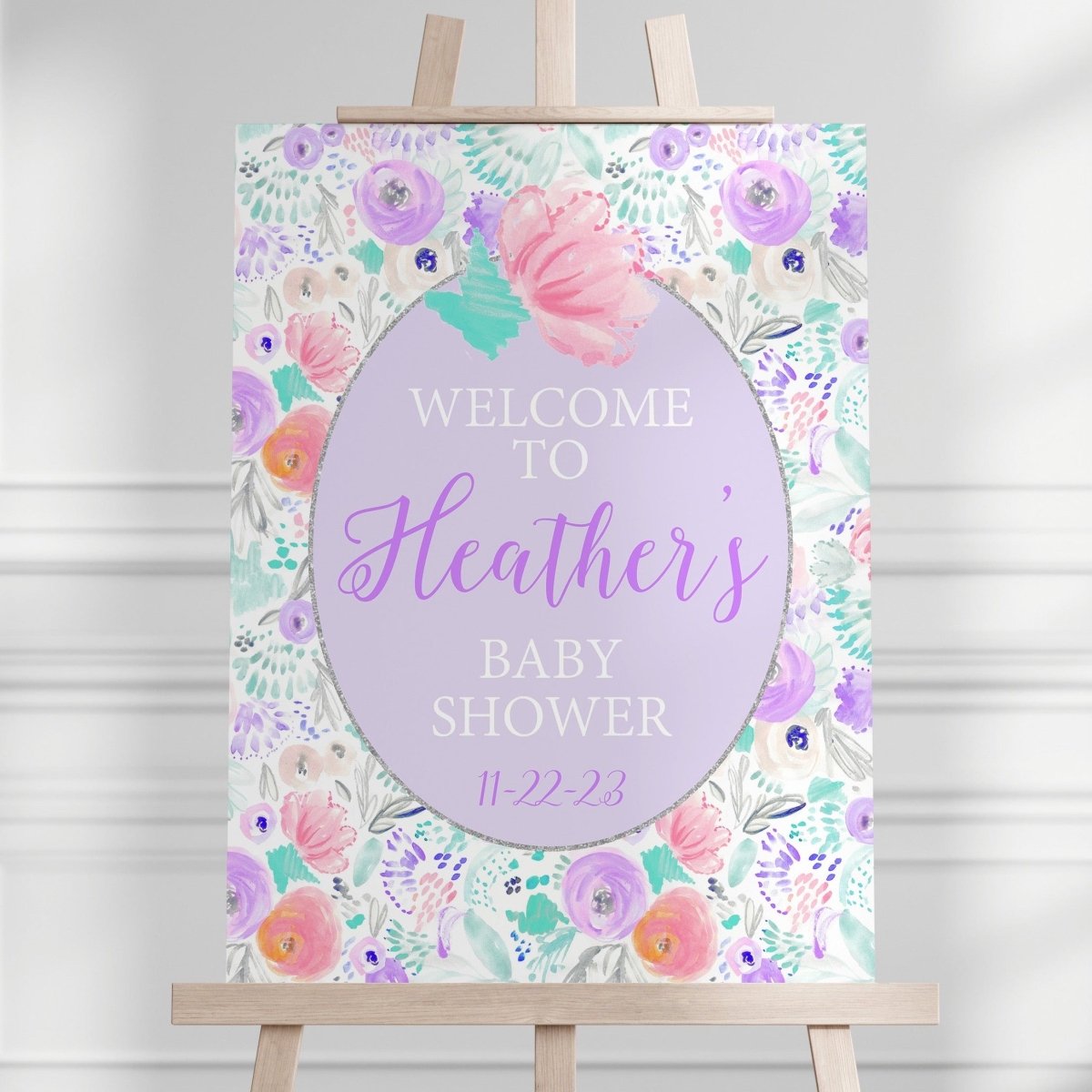 Purple Blooms Baby Shower Welcome Sign - gender_girl, Purple Blooms, text