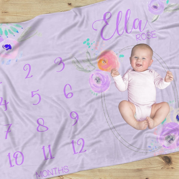 Purple Blooms Milestone Minky Blanket - gender_girl, Purple Blooms, text