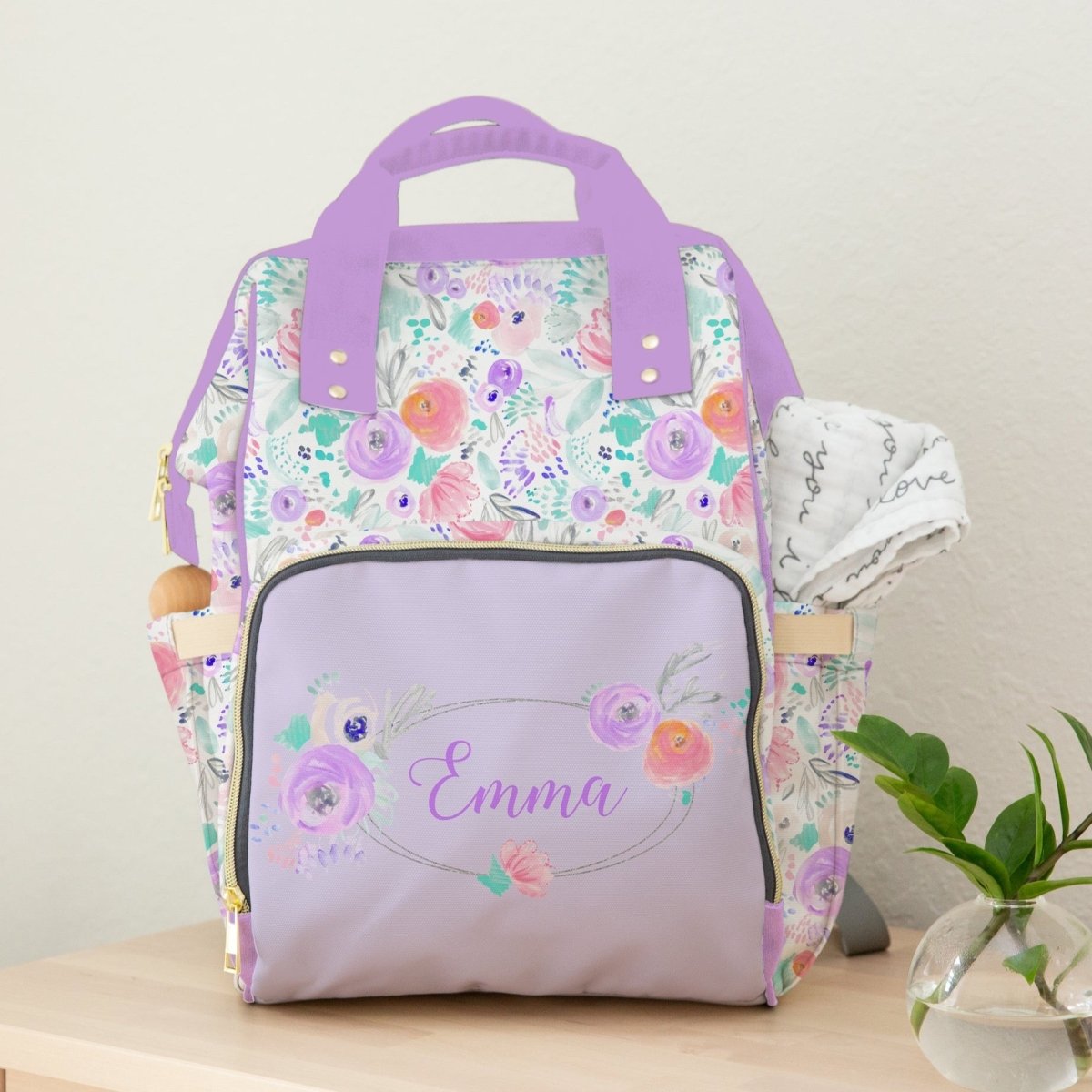 Purple Blooms Personalized Backpack Diaper Bag - gender_girl, Purple Blooms, text