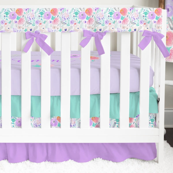 Purple Blooms Ruffled Crib Bedding - Butterfly Floral, gender_girl, text