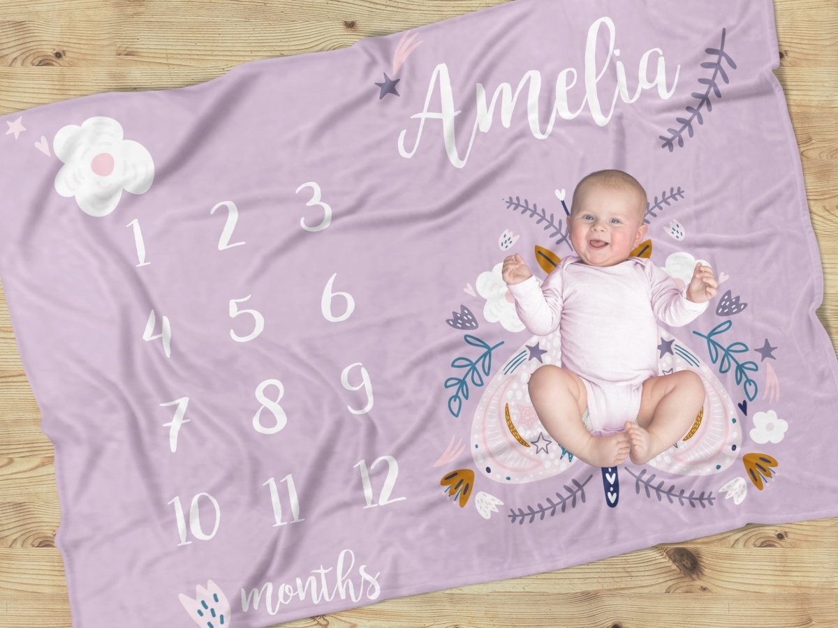 Purple Butterfly Milestone Minky Blanket - gender_girl, Purple Butterfly, text