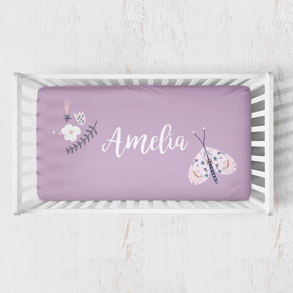 Purple Butterfly Personalized Crib Sheet - gender_girl, Personalized_Yes, text