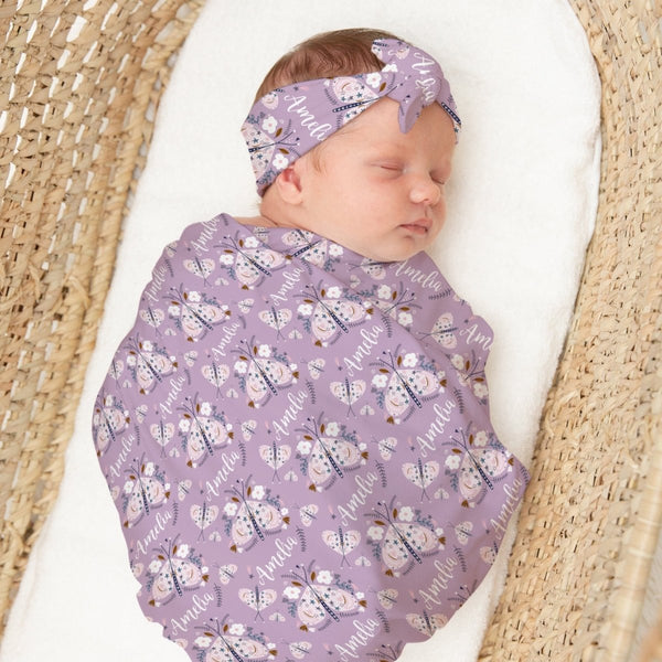 Purple Butterfly Personalized Swaddle Blanket Set - gender_girl, Purple Butterfly, text