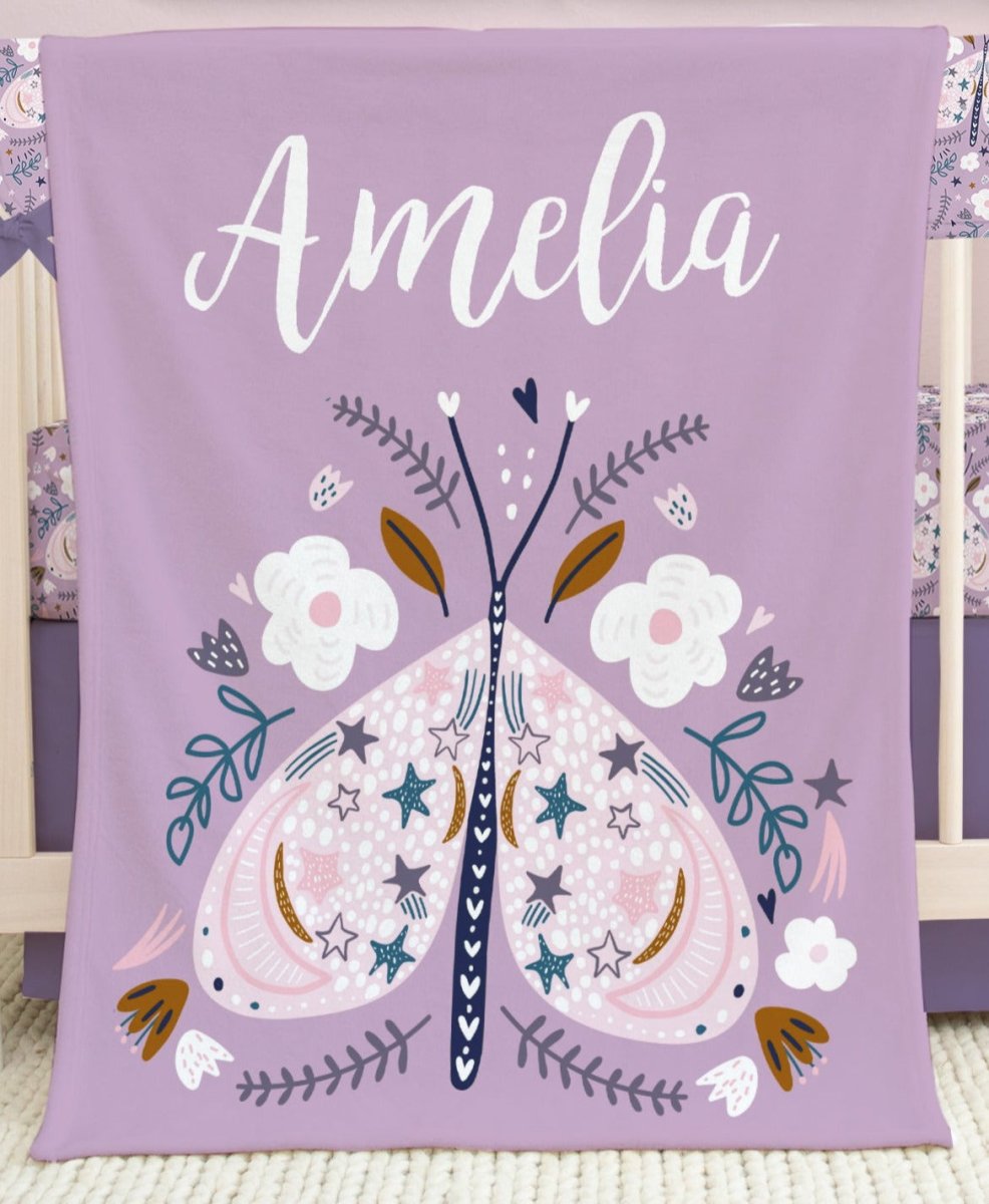 Purple Butterfly Ruffled Crib Bedding - gender_girl, Purple Butterfly, text