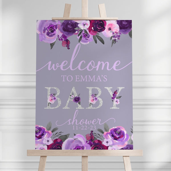 Purple Floral Baby Shower Welcome Sign - gender_girl, Purple Floral, text