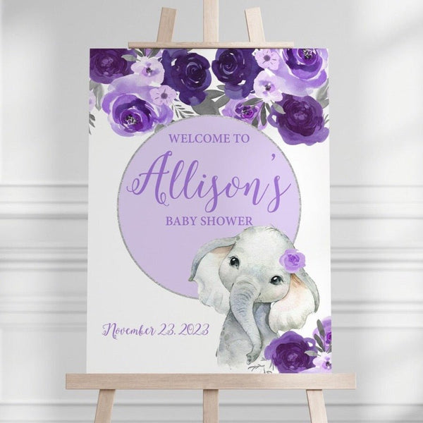 Purple Floral Elephant Baby Shower Welcome Sign - Welcome Sign