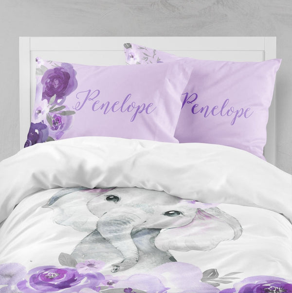 Purple Floral Elephant Kids Bedding Set (Comforter or Duvet Cover) - gender_girl, Purple Floral Elephant, text