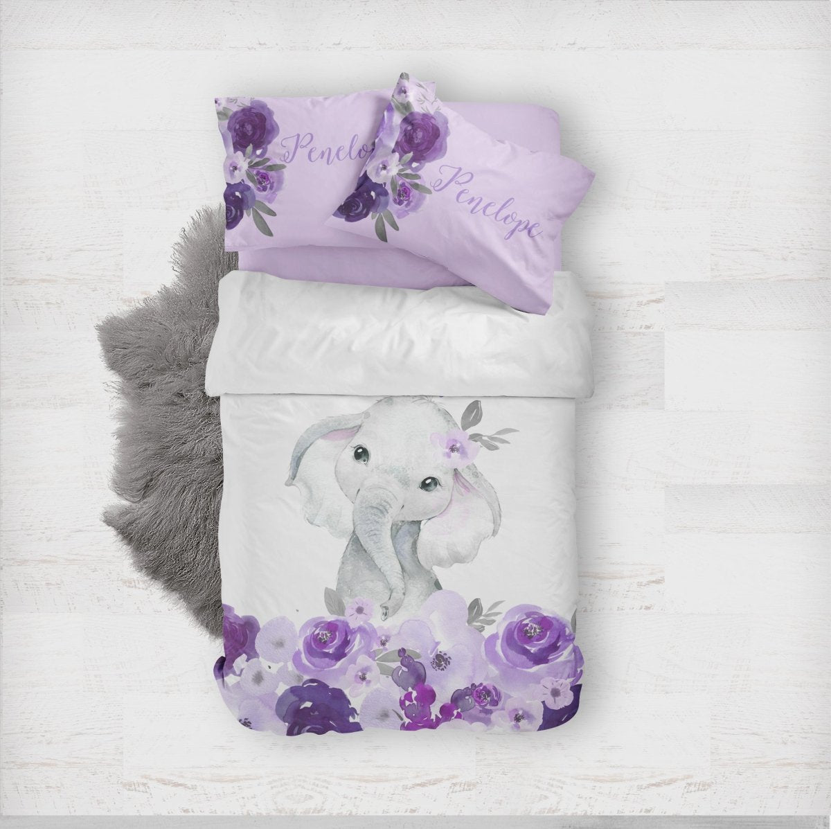 Purple Floral Elephant Kids Bedding Set (Comforter or Duvet Cover) - gender_girl, Purple Floral Elephant, text