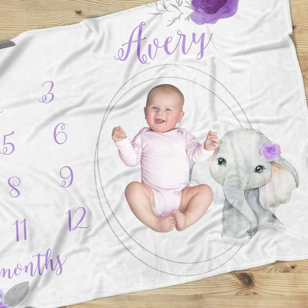 Purple Floral Elephant Milestone Blanket - Minky Blanket