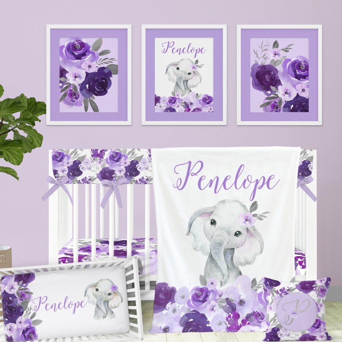 Purple Floral Elephant Nursery Starter Set