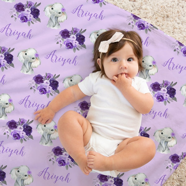 Purple Floral Elephant Personalized Baby Blanket - Minky Blanket