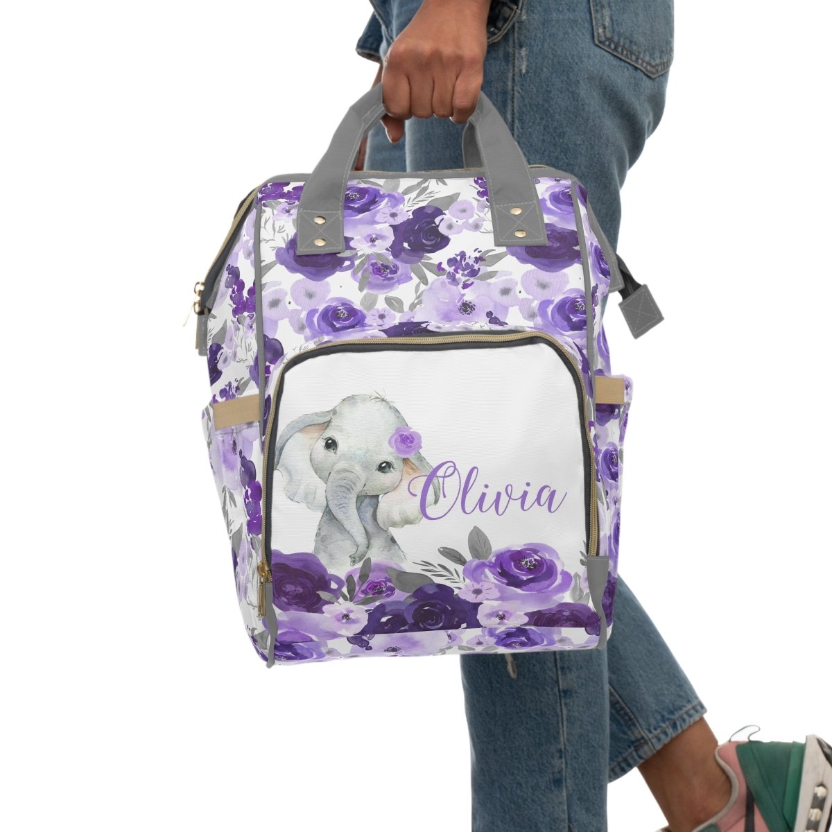 Purple Floral Elephant Personalized Backpack Diaper Bag - gender_girl, Purple Floral Elephant, text