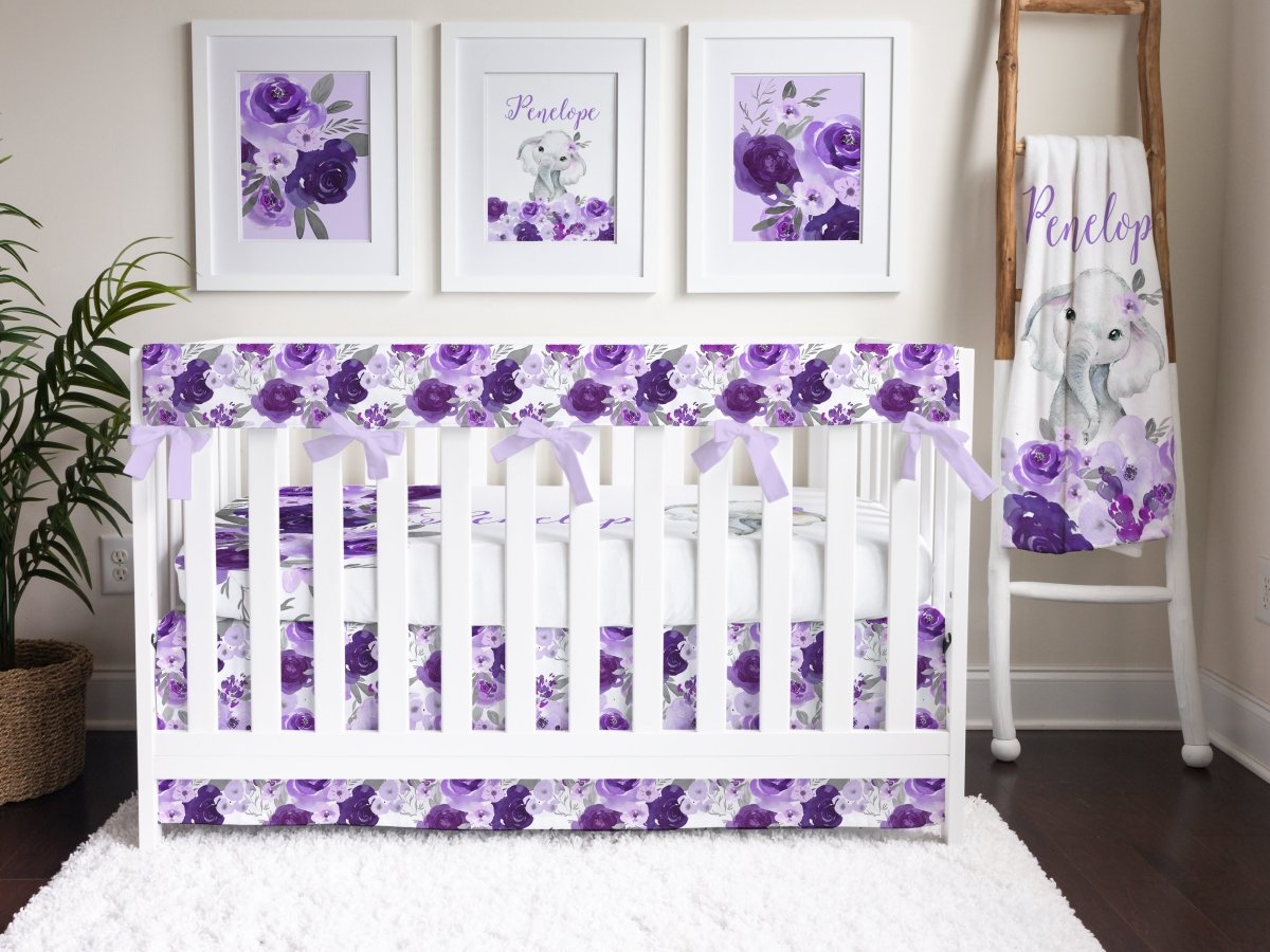 Purple Floral Elephant Personalized Crib Bedding - gender_girl, Purple Floral Elephant, text