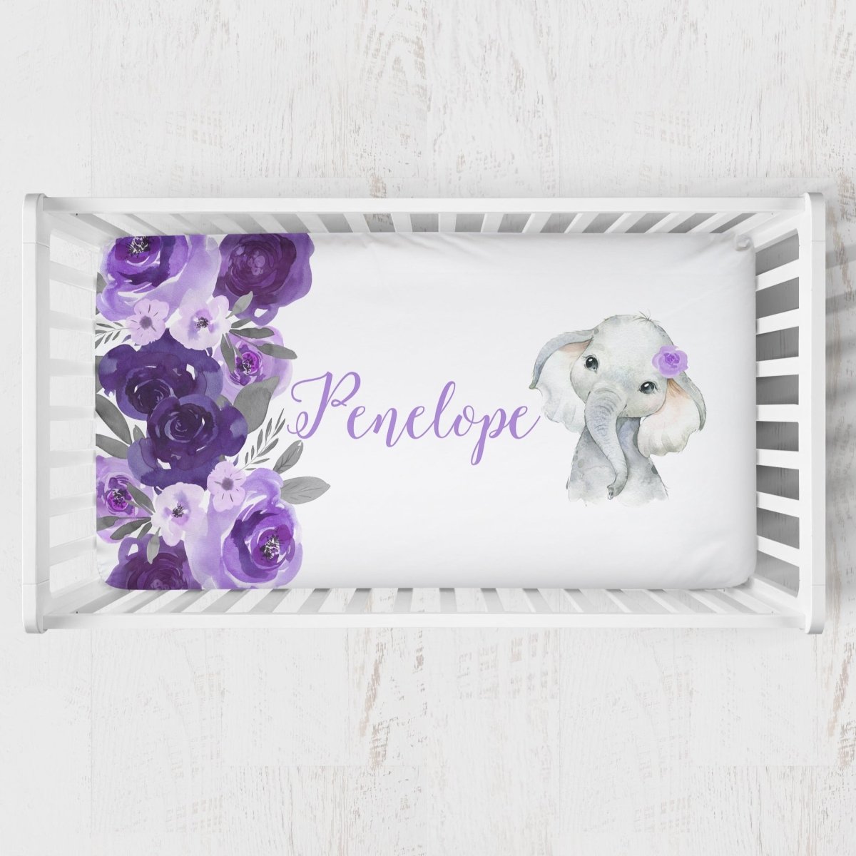 Purple Floral Elephant Personalized Crib Sheet - gender_girl, Personalized_Yes, text