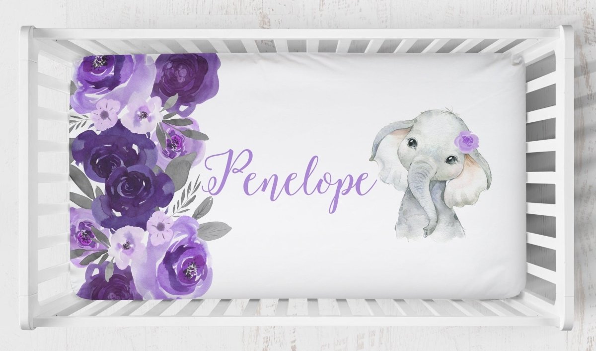 Purple Floral Elephant Personalized Crib Sheet - gender_girl, Personalized_Yes, text