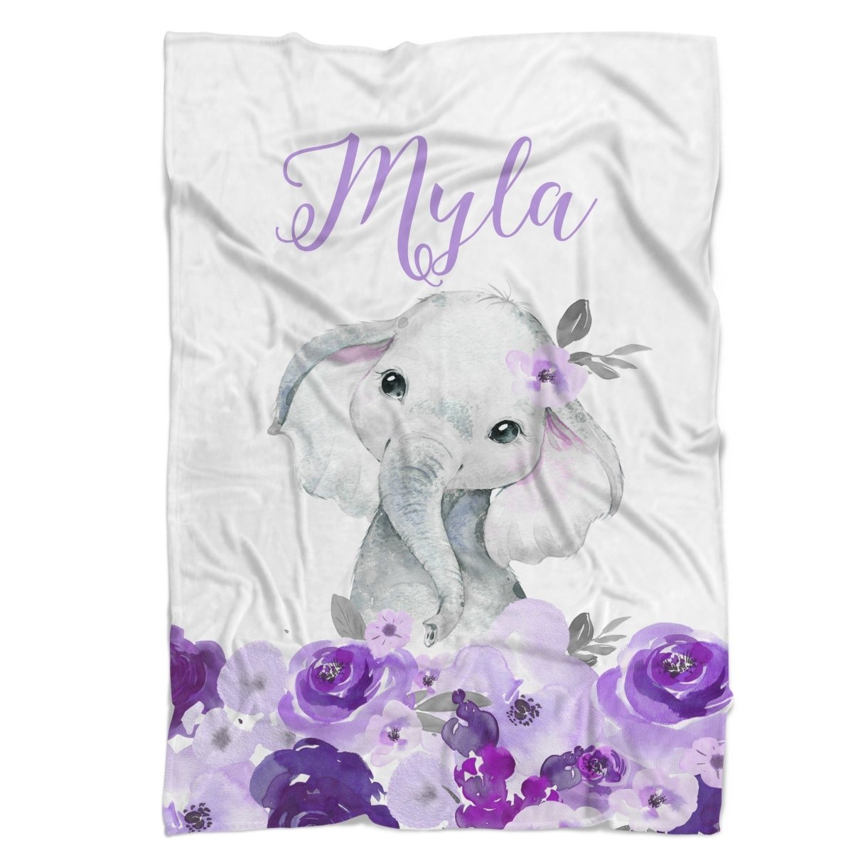 Purple Floral Elephant Personalized Minky Blanket - gender_girl, Personalized_Yes, Purple Floral Elephant