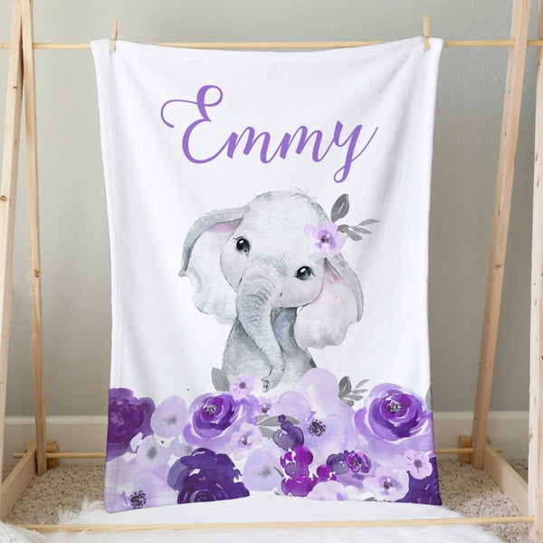 Purple Floral Elephant Personalized Minky Blanket